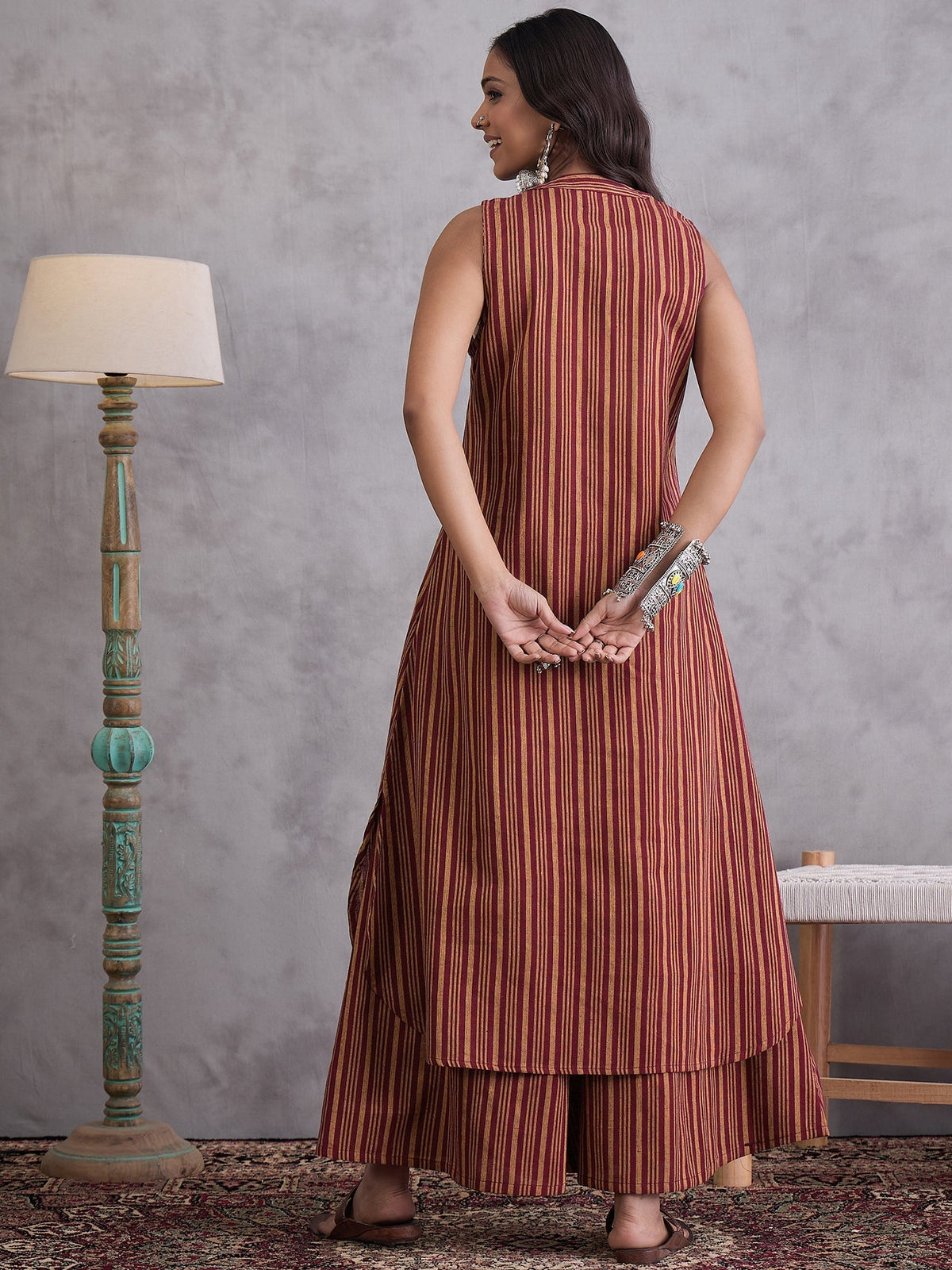 InWeave Maroon Orange Striped Kurta Set | Grocsy