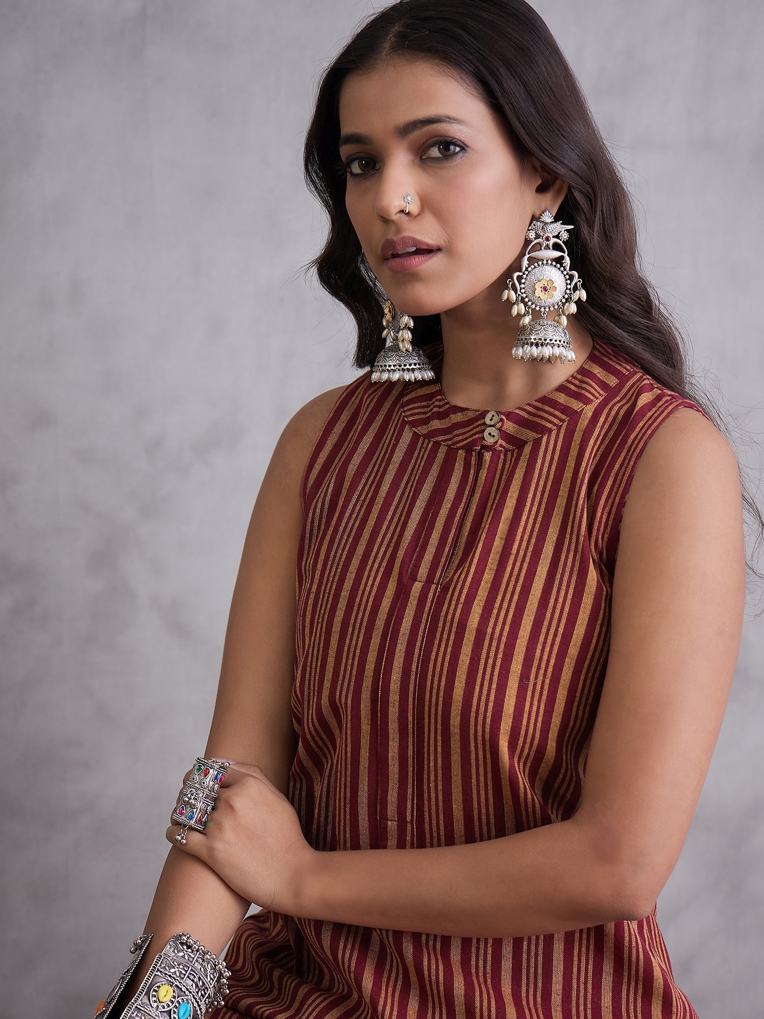 InWeave Maroon Orange Striped Kurta Set | Grocsy