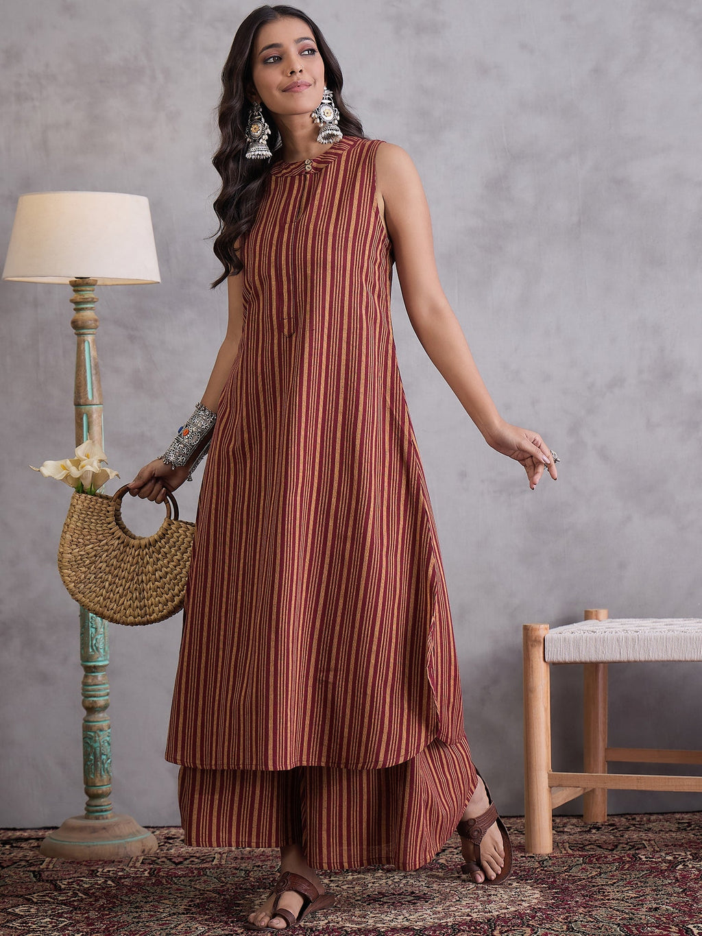 InWeave Maroon Orange Striped Kurta Set | Grocsy