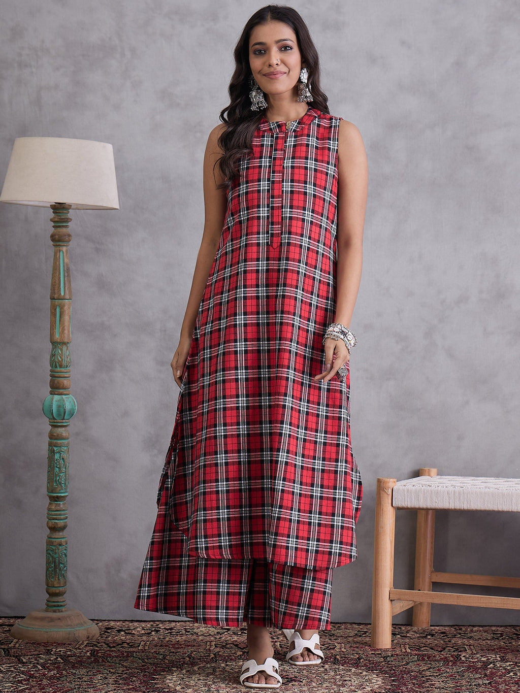 InWeave Red Black Check Kurta Set | Grocsy