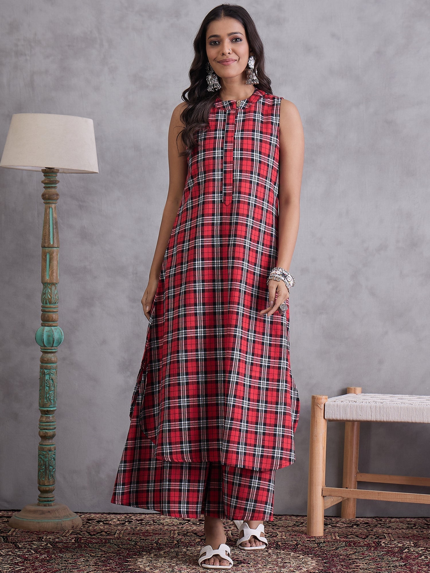 InWeave Red Black Check Kurta Set | Grocsy