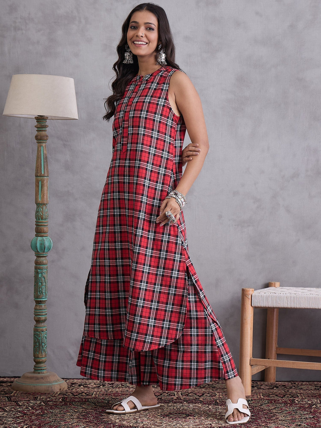 InWeave Red Black Check Kurta Set | Grocsy