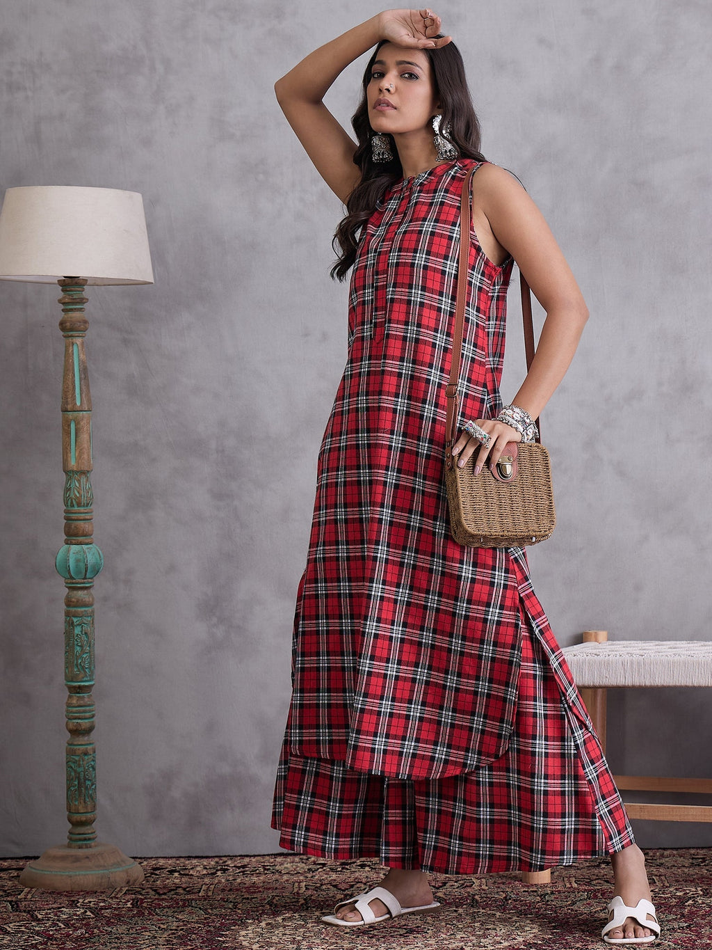 InWeave Red Black Check Kurta Set | Grocsy