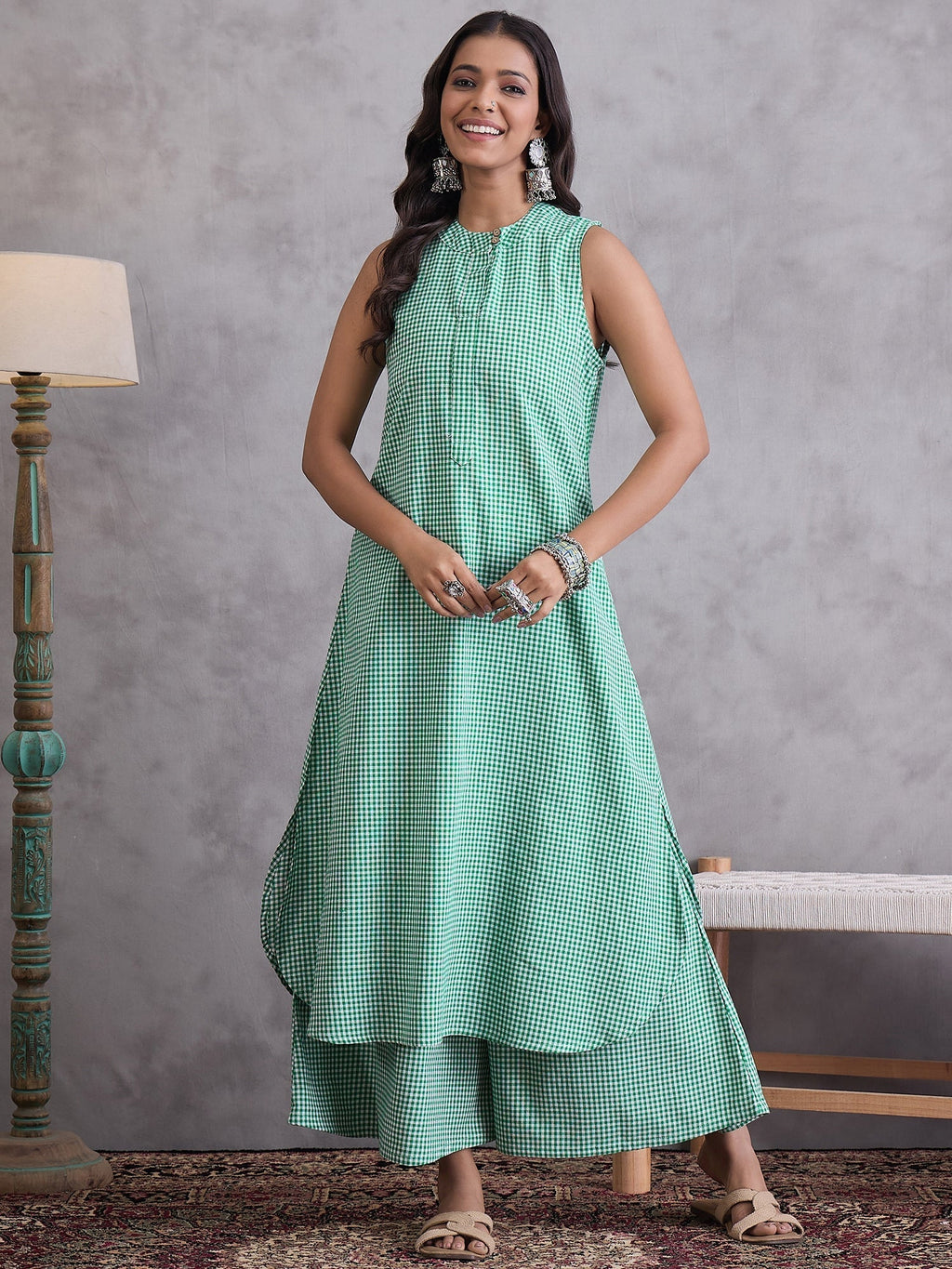 InWeave Green Small Check Kurta Set | Grocsy