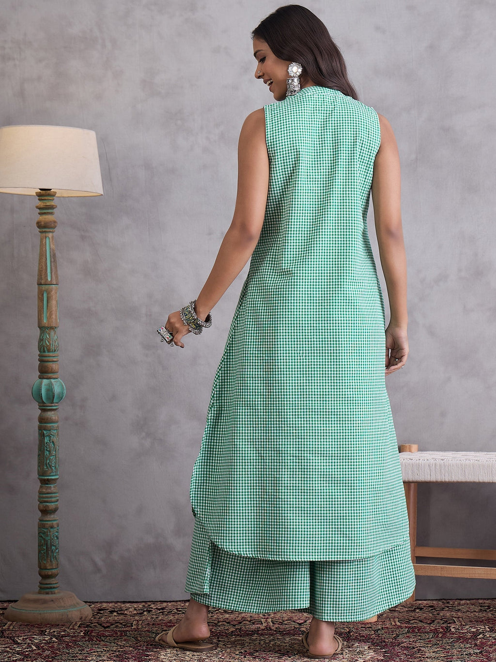 InWeave Green Small Check Kurta Set | Grocsy