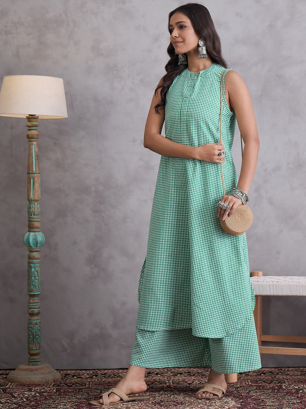 InWeave Green Small Check Kurta Set | Grocsy