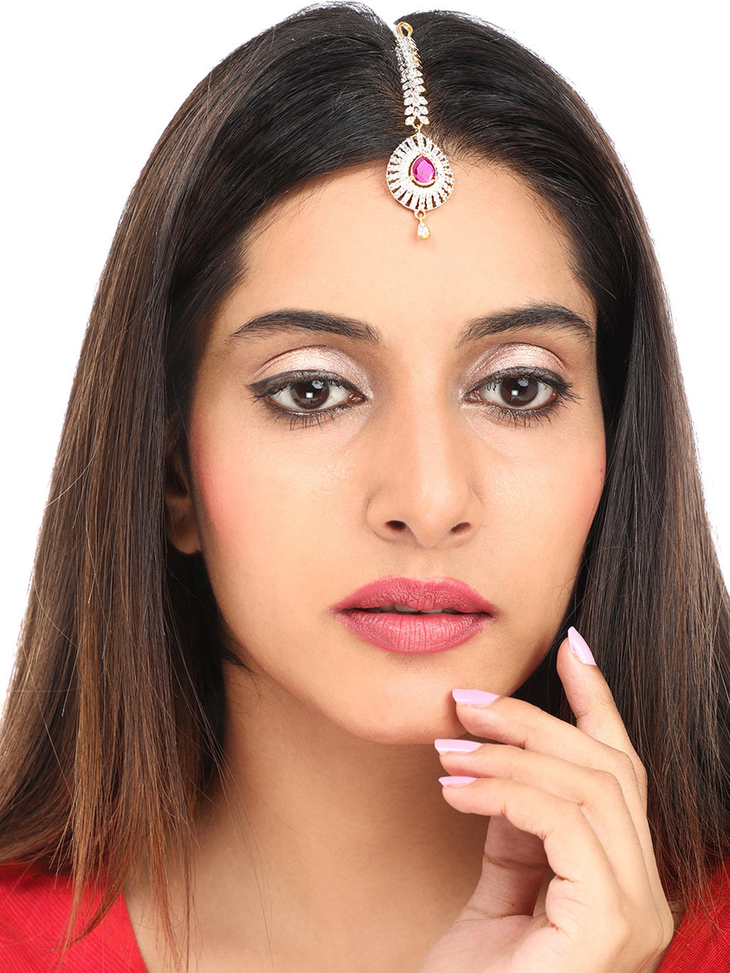 Yellow Chimes Women Gold-Polished American Diamond Pink & White Studded Handcrafted Maang Tikka | Grocsy