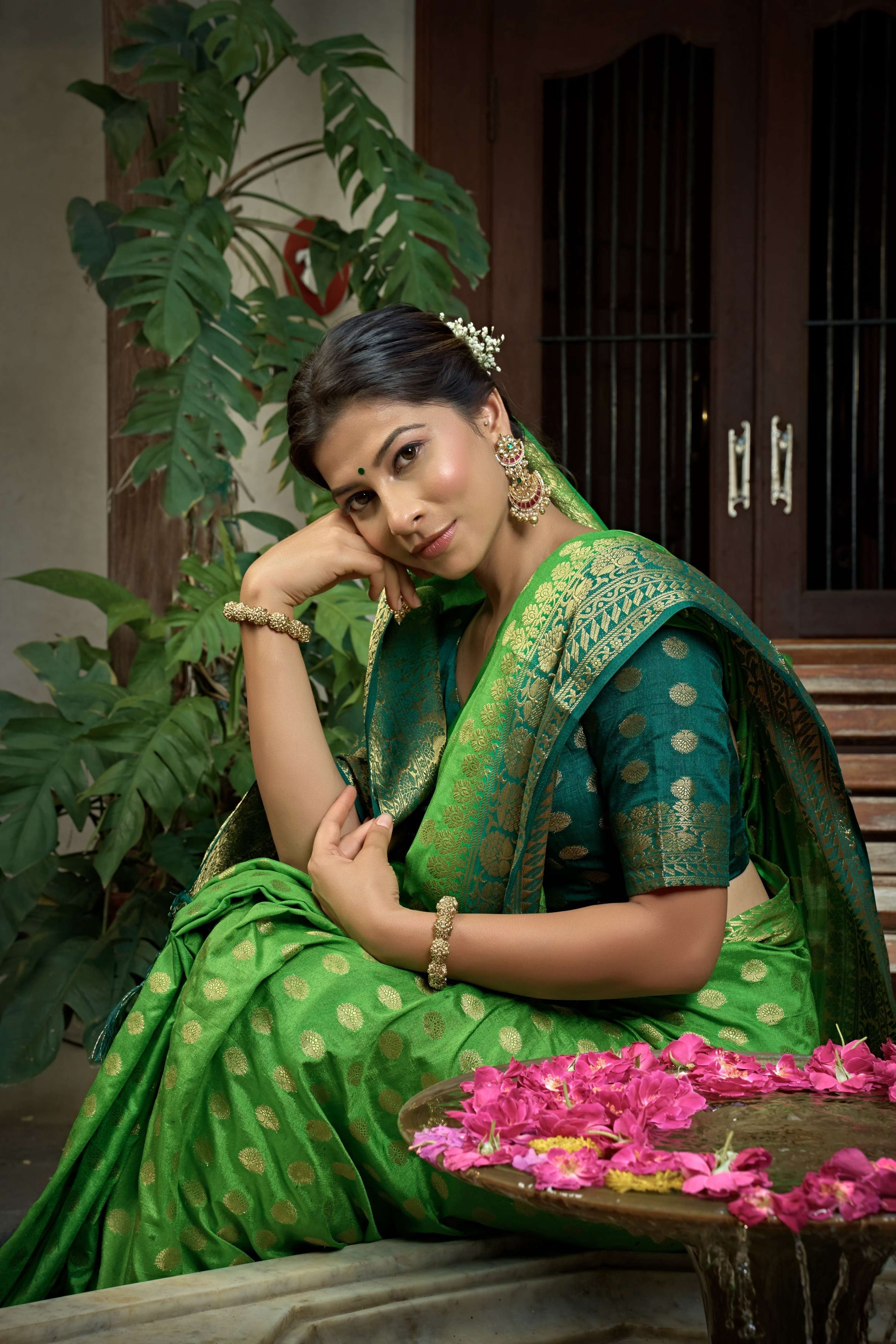 Vardha Emerald Green Banarasi Raw Silk Saree | Grocsy