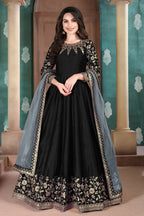 Monjolika Fashion Black Color Silk Embroidered Anarkali Suit | Grocsy