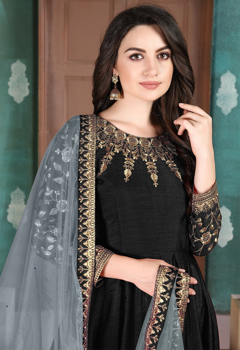 Monjolika Fashion Black Color Silk Embroidered Anarkali Suit | Grocsy
