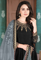Monjolika Fashion Black Color Silk Embroidered Anarkali Suit | Grocsy