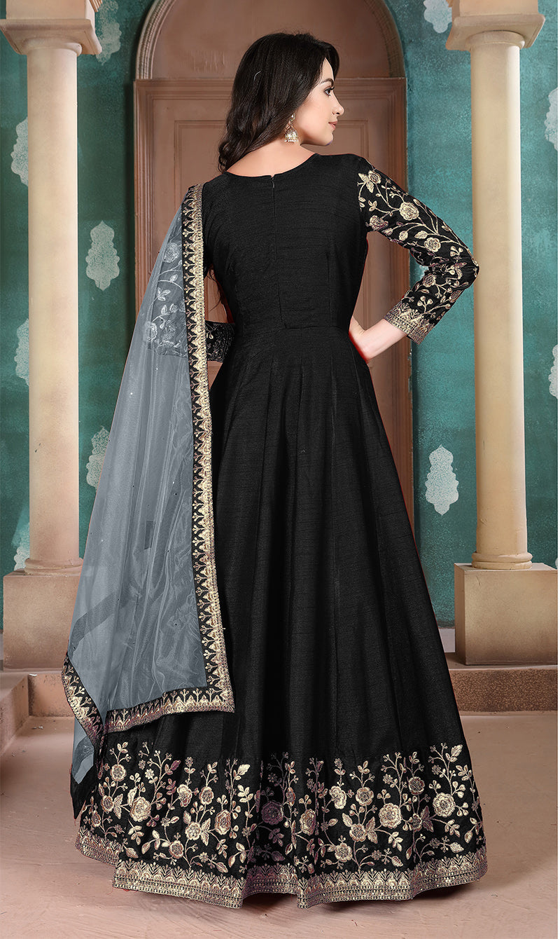 Monjolika Fashion Black Color Silk Embroidered Anarkali Suit | Grocsy