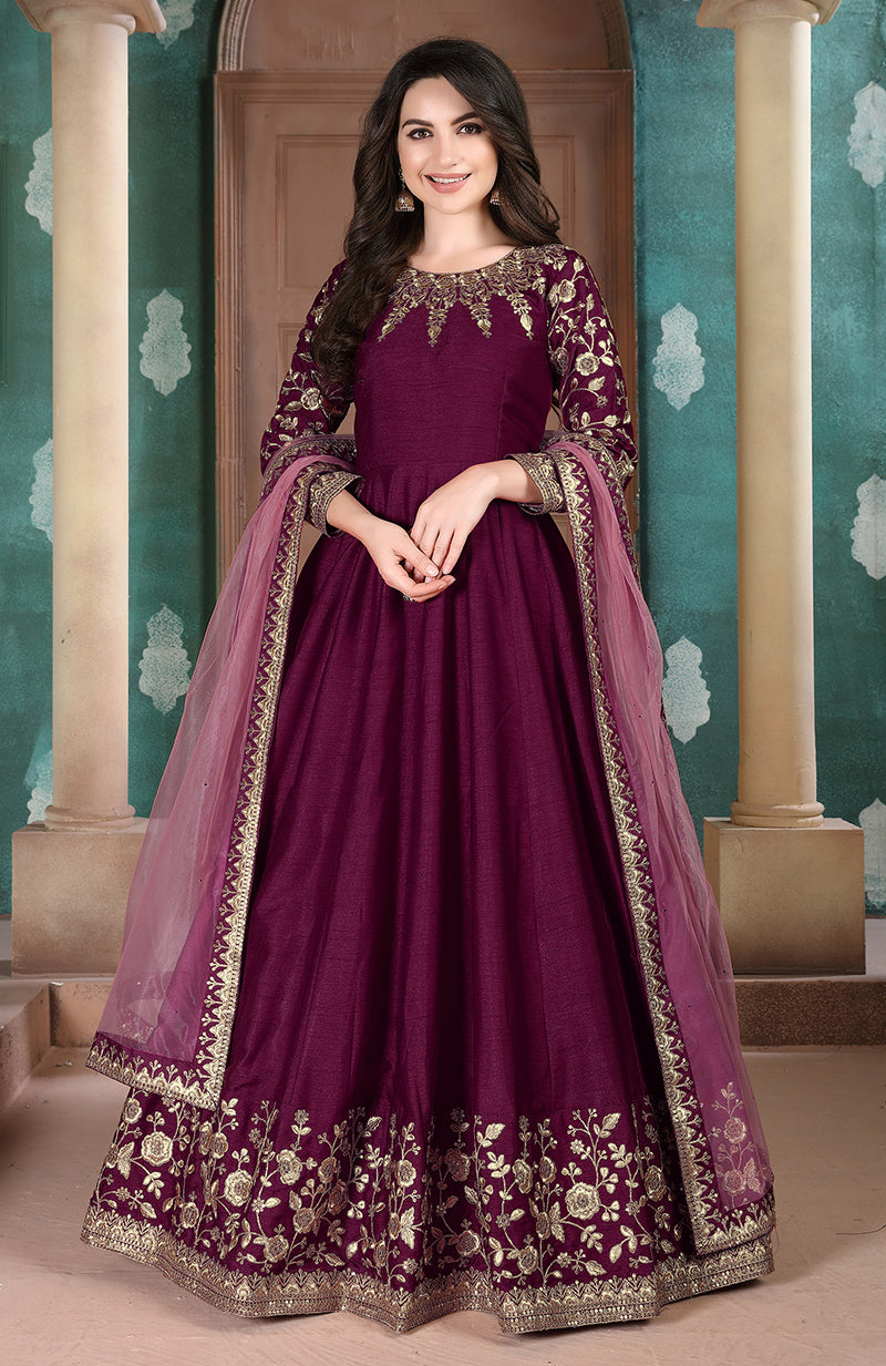 Monjolika Fashion Magenta Color Silk Embroidered Anarkali Suit | Grocsy