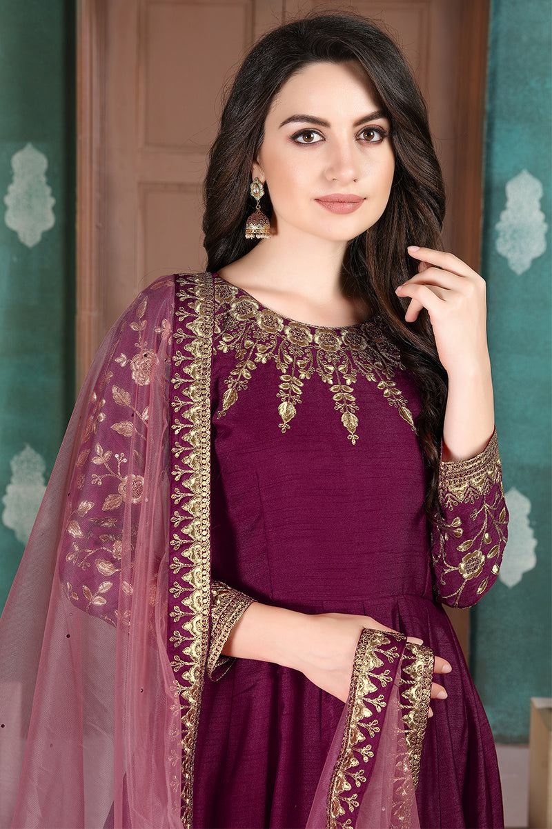 Monjolika Fashion Magenta Color Silk Embroidered Anarkali Suit | Grocsy