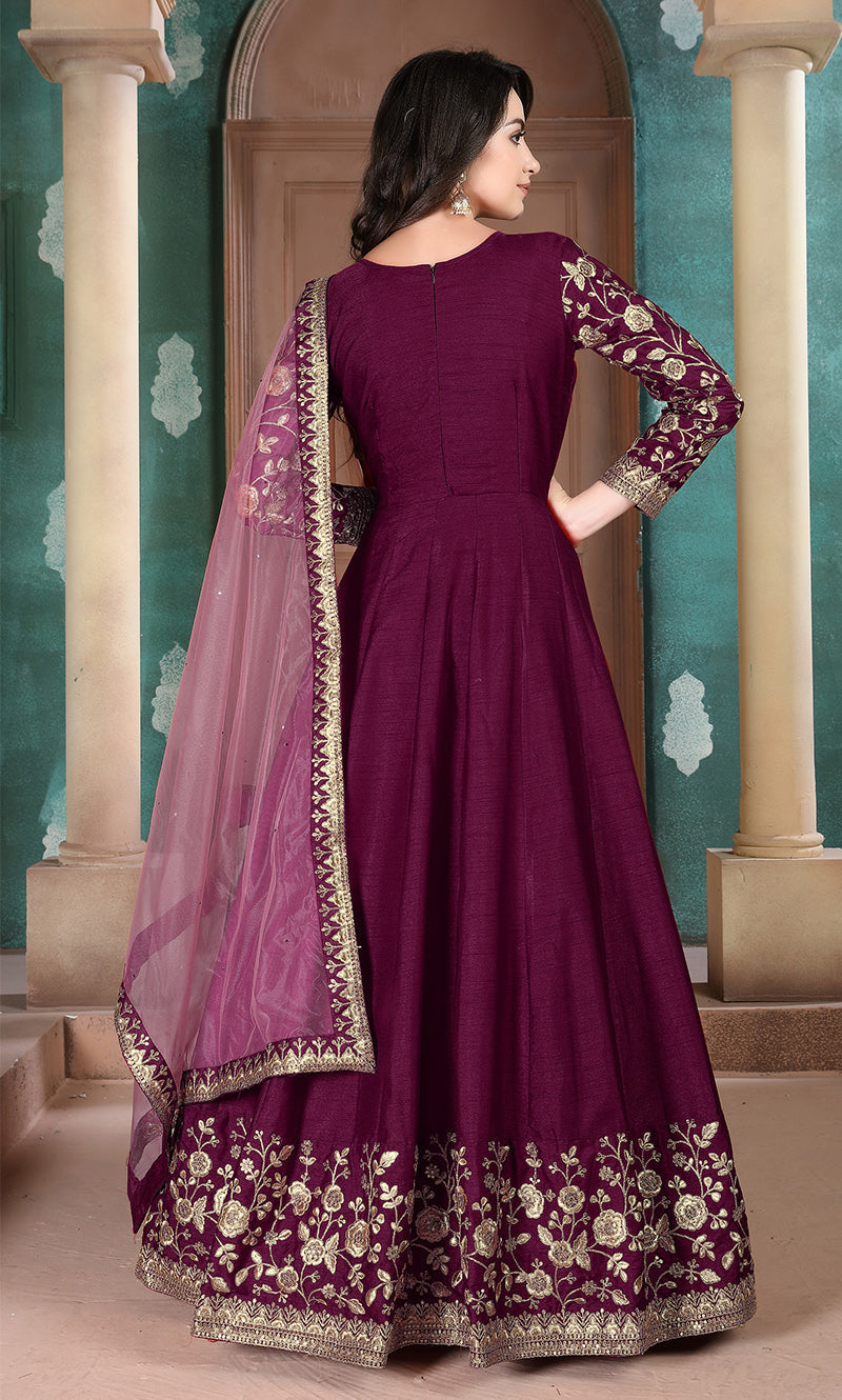 Monjolika Fashion Magenta Color Silk Embroidered Anarkali Suit | Grocsy
