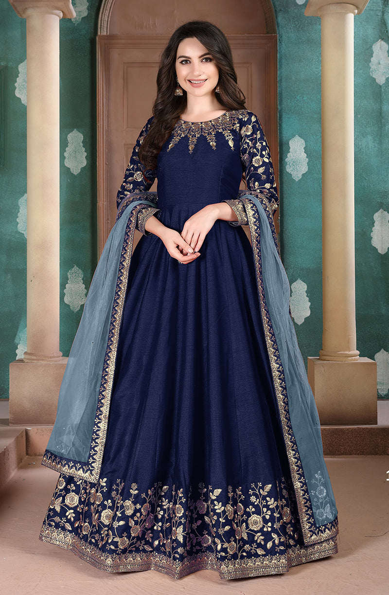 Monjolika Fashion Navy Blue Color Silk Embroidered Anarkali Suit | Grocsy