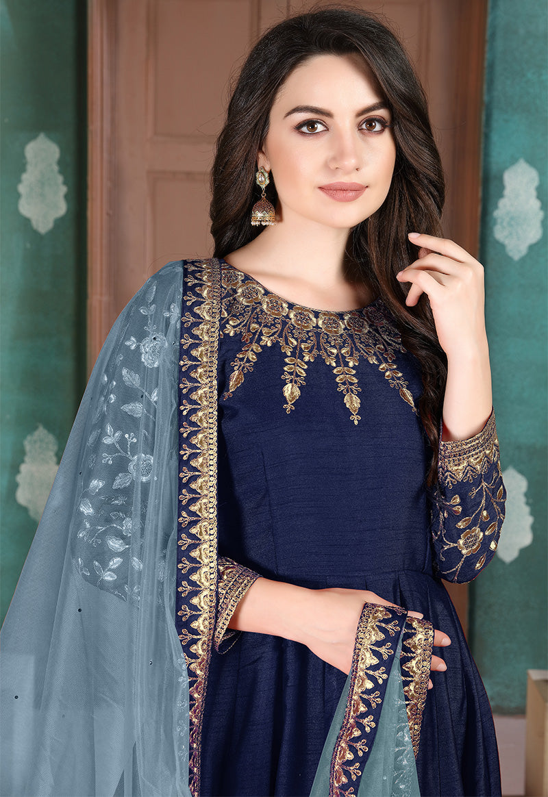 Monjolika Fashion Navy Blue Color Silk Embroidered Anarkali Suit | Grocsy