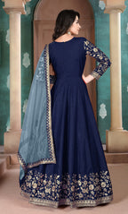 Monjolika Fashion Navy Blue Color Silk Embroidered Anarkali Suit | Grocsy