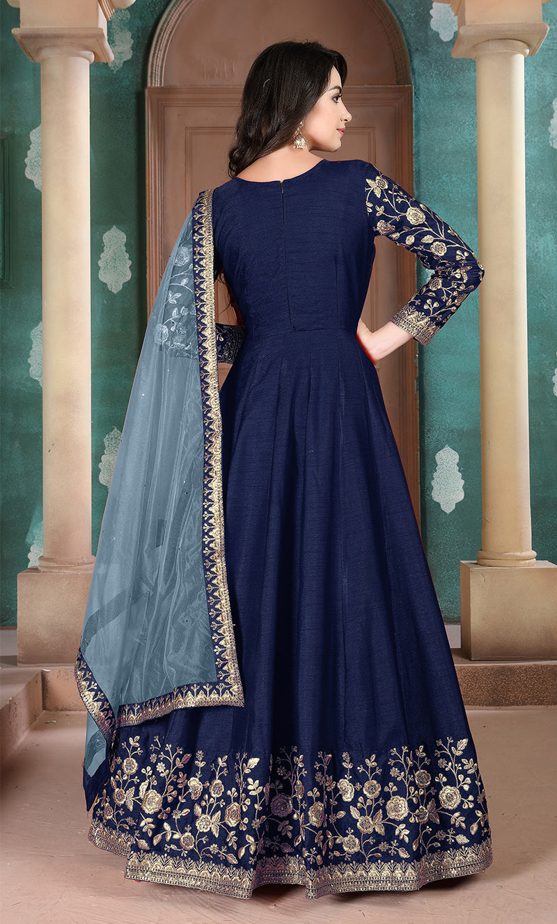 Monjolika Fashion Navy Blue Color Silk Embroidered Anarkali Suit | Grocsy