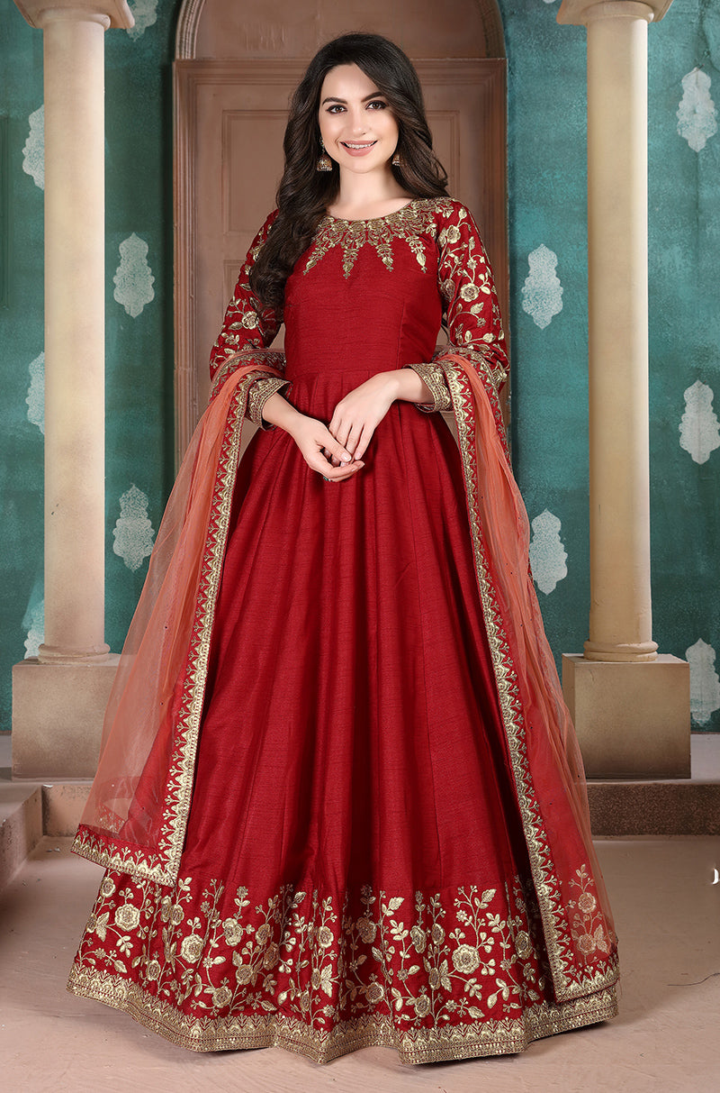 Monjolika Fashion Red Color Silk Embroidered Anarkali Suit | Grocsy