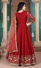 Monjolika Fashion Red Color Silk Embroidered Anarkali Suit | Grocsy