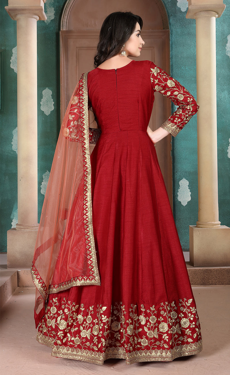 Monjolika Fashion Red Color Silk Embroidered Anarkali Suit | Grocsy