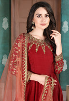 Monjolika Fashion Red Color Silk Embroidered Anarkali Suit | Grocsy