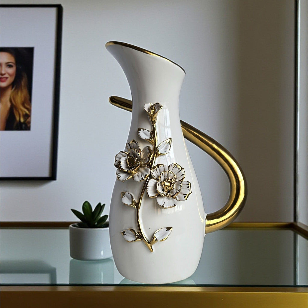 Sun Mun Decors Premium & Elegant White & Golden Ceramic Jar Shaped Vase | Grocsy