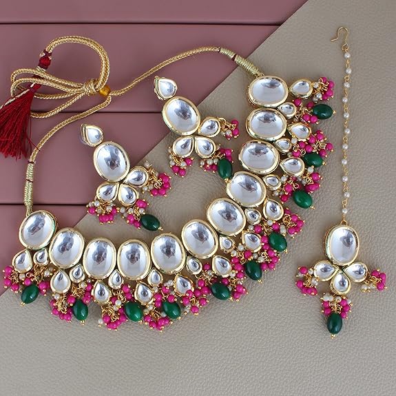Tehzeeb Creations Back Meenakari Gold-Polished Multi Color Tika Earring Combo Uncut Big Faux Kundan Choker Necklace set | Grocsy