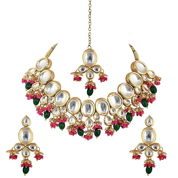 Tehzeeb Creations Back Meenakari Gold-Polished Multi Color Tika Earring Combo Uncut Big Faux Kundan Choker Necklace set | Grocsy
