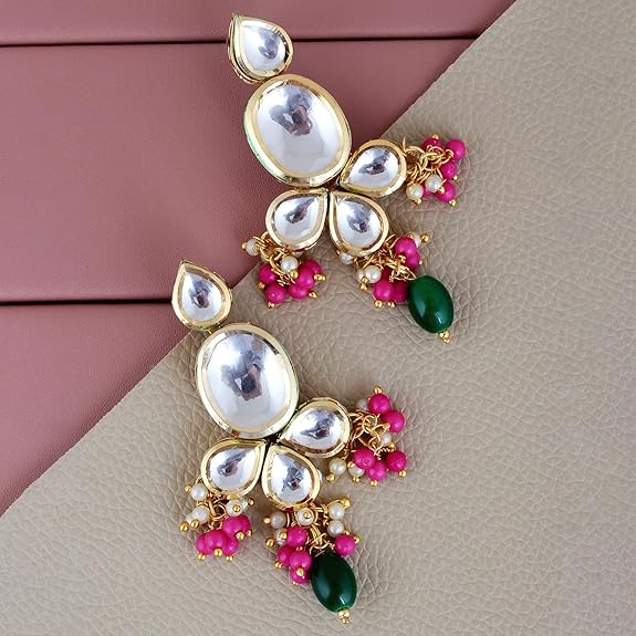Tehzeeb Creations Back Meenakari Gold-Polished Multi Color Tika Earring Combo Uncut Big Faux Kundan Choker Necklace set | Grocsy