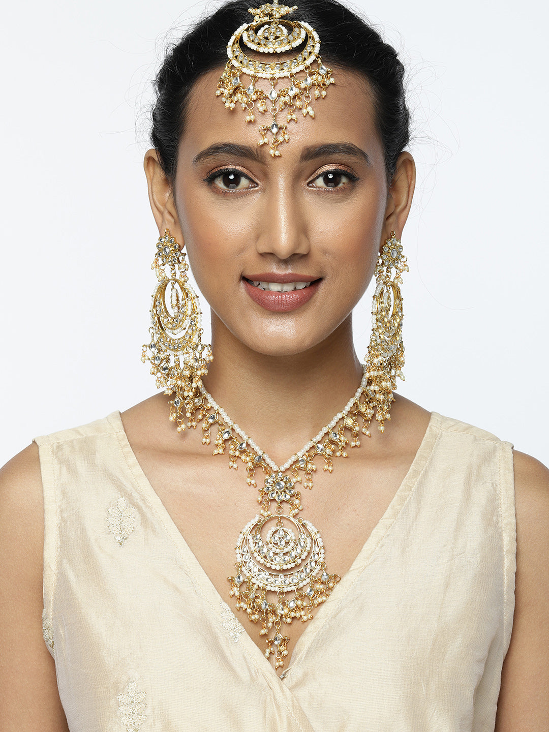 Zaveri Pearls Gold-Toned Kundan & Pearls Studded Rani Haar Jewellery Set | Grocsy