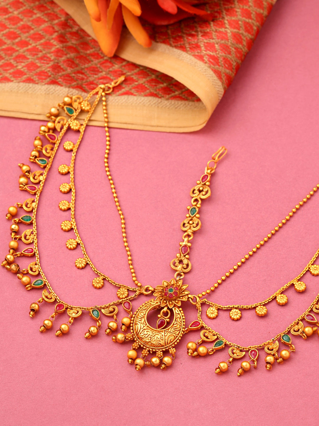 Yellow Chimes Gold-Polished Red & Green Stone-Studded Layered Bridal Maatha Patti | Grocsy