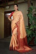 Vardha Peach Golden Zari Banarasi Raw Silk Saree | Grocsy