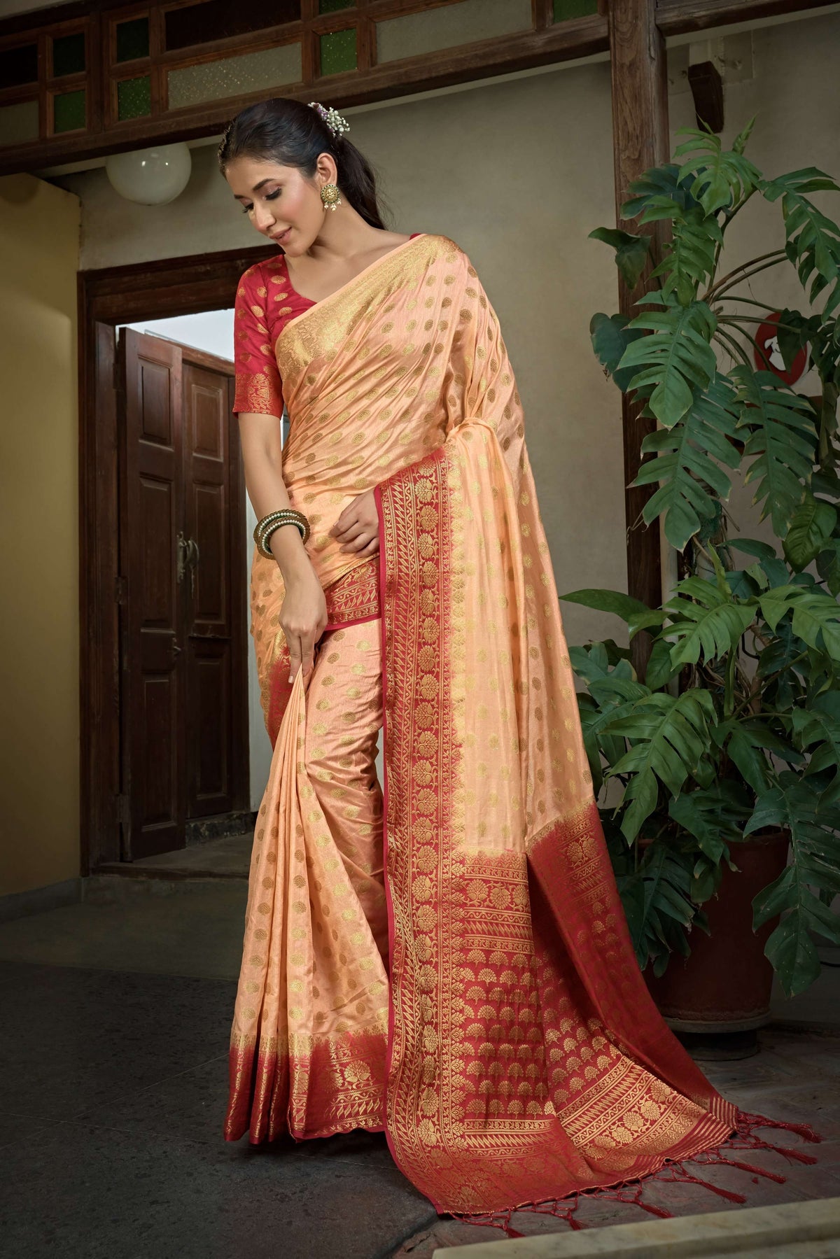 Vardha Peach Golden Zari Banarasi Raw Silk Saree | Grocsy