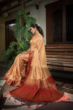 Vardha Peach Golden Zari Banarasi Raw Silk Saree | Grocsy