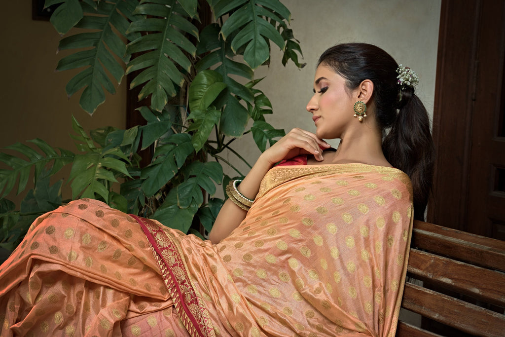 Vardha Peach Golden Zari Banarasi Raw Silk Saree | Grocsy