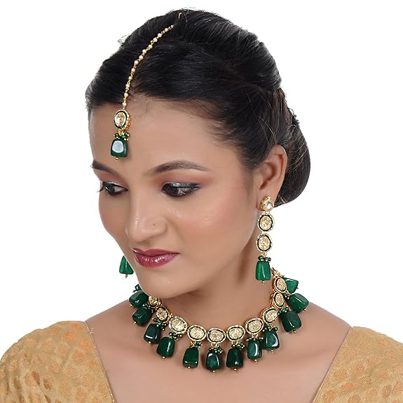 Tehzeeb Creations Back Meenakari Gold-Polished Tika Earring Jewellery Set Uncut Kundan Big Faux Kundan Dibbi Kundan Choker Necklace Set | Grocsy