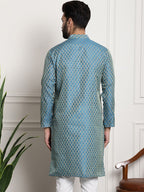 Sojanya Men Blue & Beige Ethnic Motif Printed Jacquard Silk Kurta | Grocsy