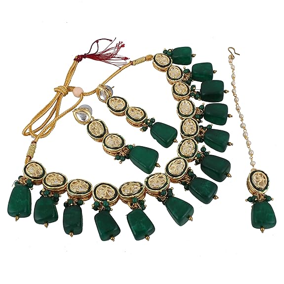 Tehzeeb Creations Back Meenakari Gold-Polished Tika Earring Jewellery Set Uncut Kundan Big Faux Kundan Dibbi Kundan Choker Necklace Set | Grocsy