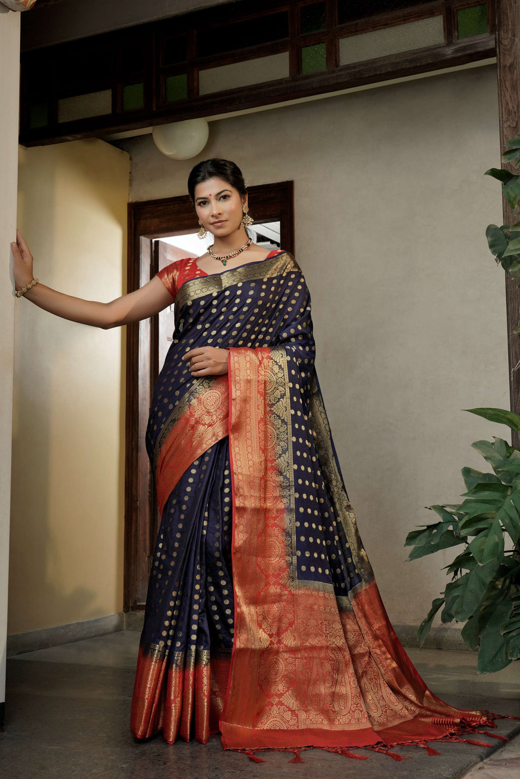 Vardha Admiral Blue Golden Zari Banarasi Raw Silk Saree | Grocsy