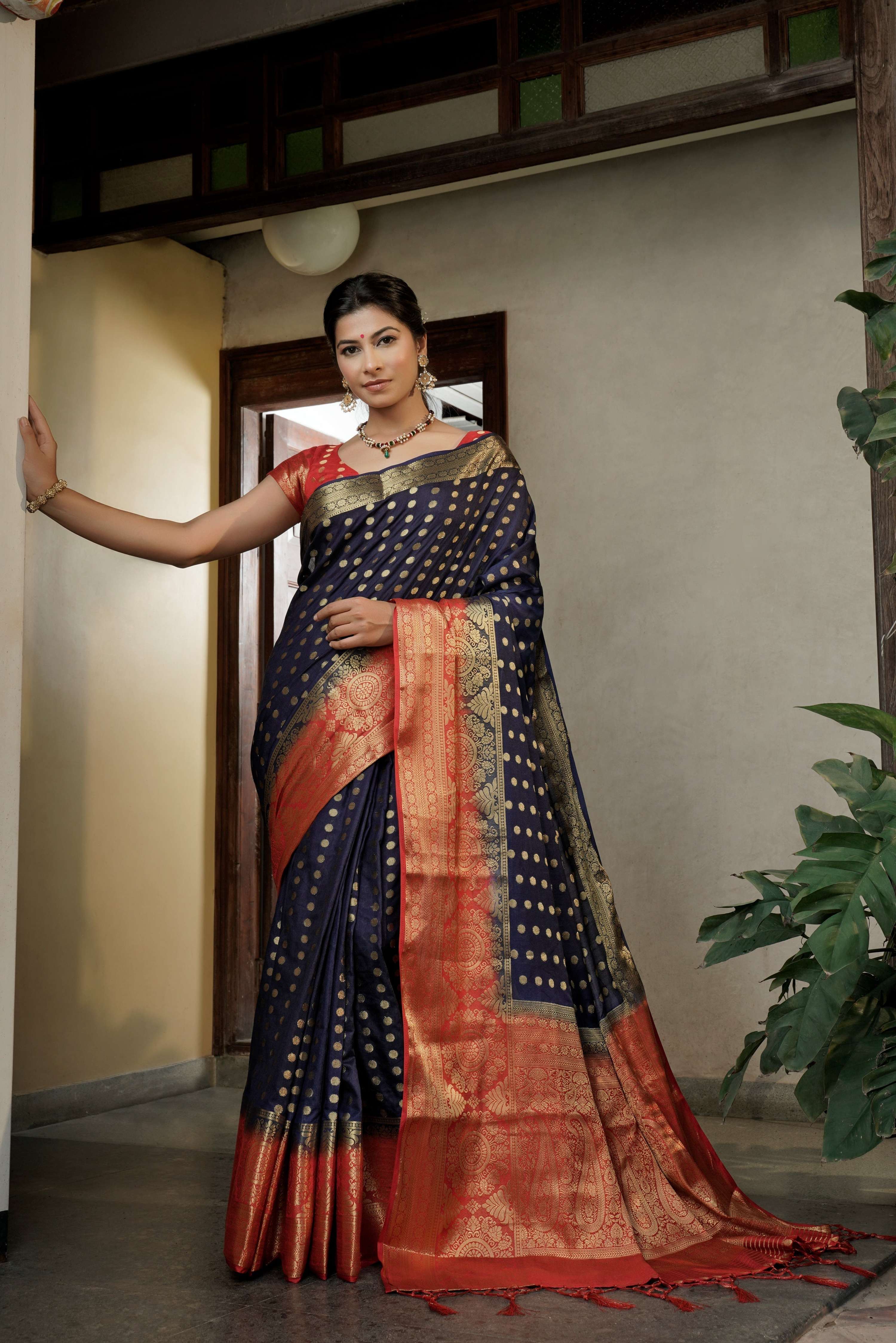 Vardha Admiral Blue Golden Zari Banarasi Raw Silk Saree | Grocsy