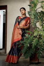 Vardha Admiral Blue Golden Zari Banarasi Raw Silk Saree | Grocsy