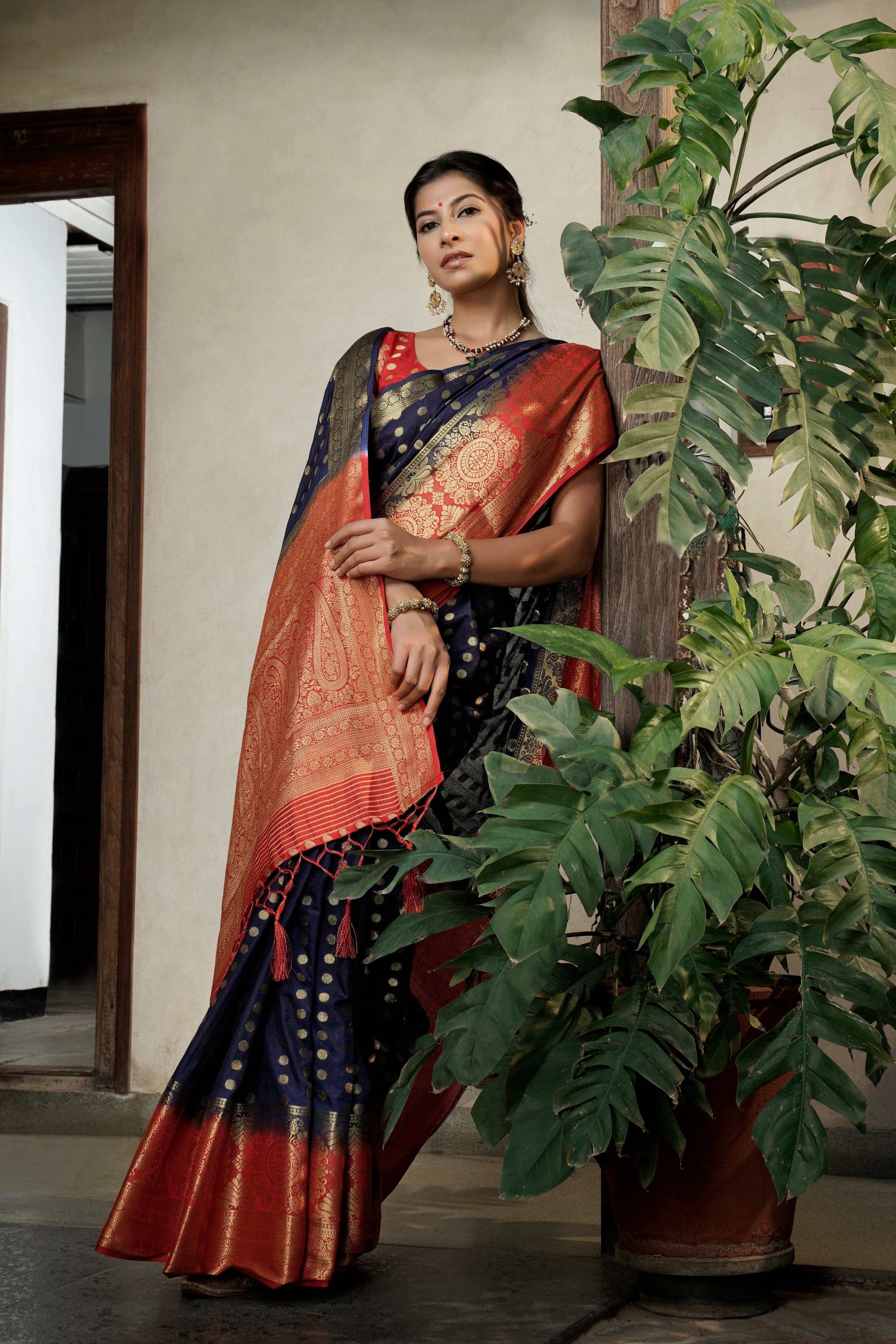 Vardha Admiral Blue Golden Zari Banarasi Raw Silk Saree | Grocsy