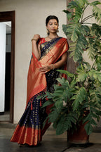 Vardha Admiral Blue Golden Zari Banarasi Raw Silk Saree | Grocsy