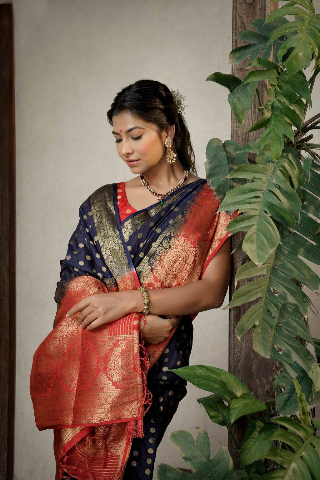 Vardha Admiral Blue Golden Zari Banarasi Raw Silk Saree | Grocsy