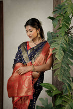 Vardha Admiral Blue Golden Zari Banarasi Raw Silk Saree | Grocsy