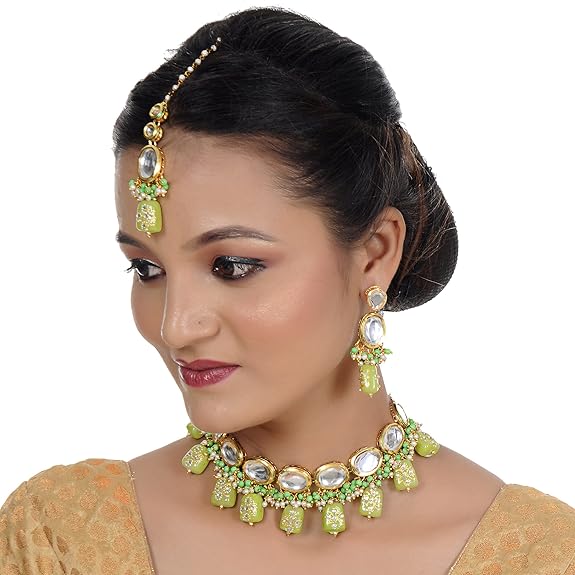 Tehzeeb Creations Back Meenakari Gold-Polished Green Color Tika Earring Jewellery Set Uncut Kundan Big Faux Kundan Dibbi Kundan Choker Necklace Set | Grocsy