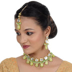Tehzeeb Creations Back Meenakari Gold-Polished Green Color Tika Earring Jewellery Set Uncut Kundan Big Faux Kundan Dibbi Kundan Choker Necklace Set | Grocsy