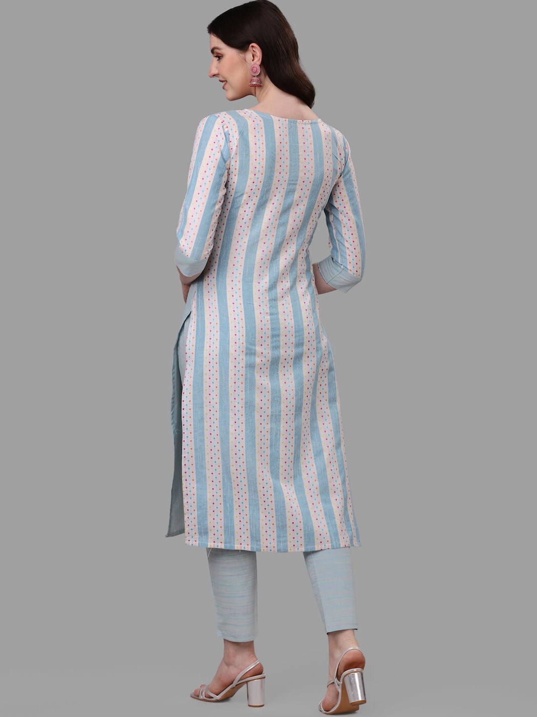 HERE&NOW Turquoise Blue Striped Regular Pure Cotton Kurta with Trousers & With Dupatta | Grocsy